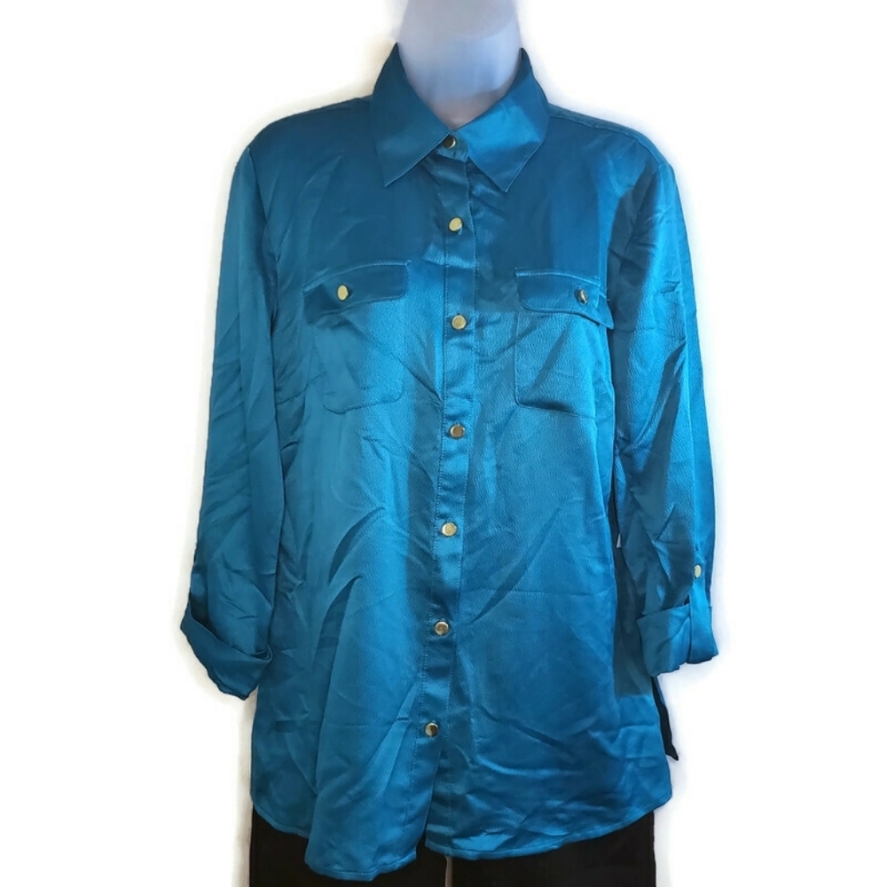 JM Collection Green Blue Collared Button Down 8